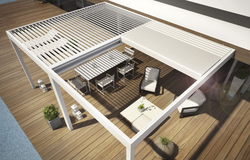 Angebaute Pergola - ORCHESTRA - DIRELLO S.R.L - Aluminium / Faltdach / mit Sonnenschutzlamellen