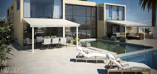 Angebaute Pergola - ECLISSI - DIRELLO S.R.L - Aluminium / mit orientierbaren Lamellen / mit Sonnenschutzlamellen