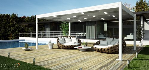 Angebaute Pergola - WEAVE - DIRELLO S.R.L - selbsttragend / Aluminium / mit Stoffüberdachung