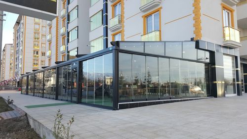 Angebaute Pergola - VPS  - VIZYON GLAZING SYSTEMS - Metall / Faltdach / für Gewerbegebrauch