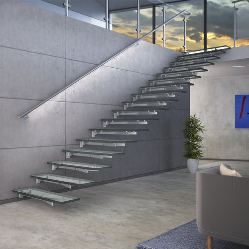 Gerade Treppe - GLASSTREE WALL - IAM Design - Glasstufen / mit Edelstahlstruktur / modern