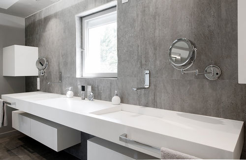 Wand-Waschbecken - 3 - V-korr Creative Surface - Mineralwerkstoff / mit verstellbarem Spiegel / mit integriertem Handtuchhalter