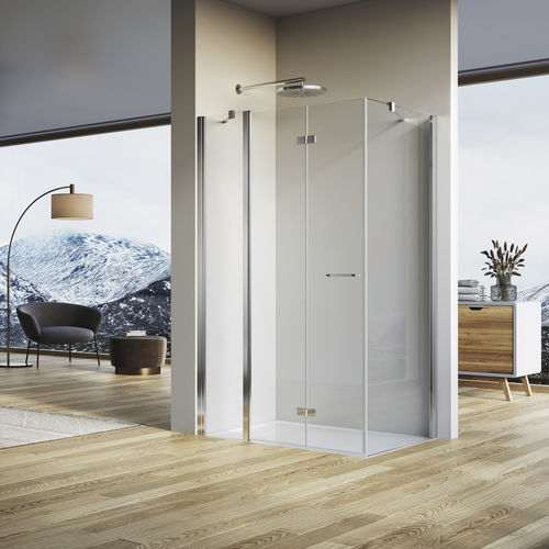 Festinstallierte Duschwand - SOLINO : SOLF13 + SOLT1 - Ronal - faltbar / für Eckeinbau / Securit®Glas