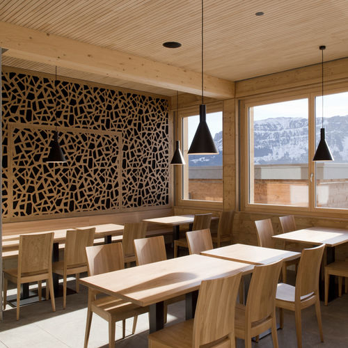 Dekorplatte für Wand - MOUNTAIN RESTAURANT PRODALP FLUMS - Bruag Design Factory AG - Sperrholz / perforiert