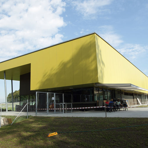 Fassadenverkleidung für hinterlüftete Fassade - FORMBOARD TOP PINE - SPORTS COMPLEX PÖSCHENRIET NEFTENBACH - Bruag Design Factory AG - Paneel / Holzfaser / glatt