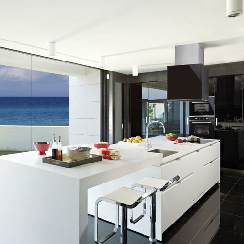 Inseldunstabzug - CUBE GLASS PREMIUM - Nodor - Abluft / mit integrierter Beleuchtung / originelles Design