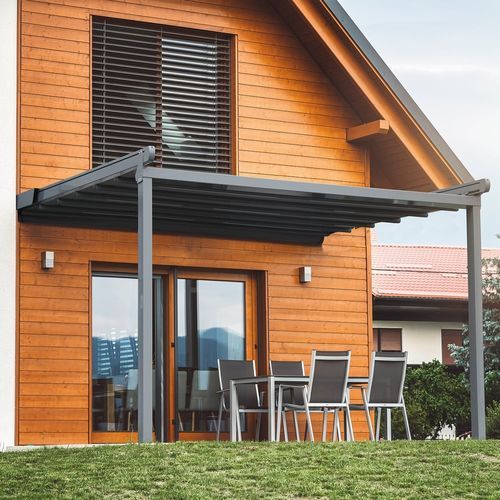 Angebaute Pergola - 690 - Kadeco Sonnenschutzsysteme GmbH - Edelstahl / Stoff / mit Stoffüberdachung