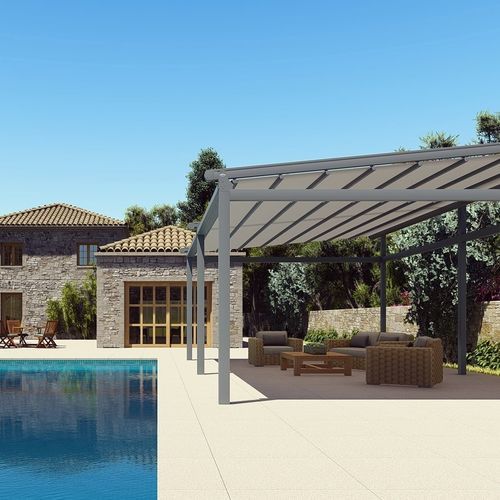 Angebaute Pergola - 691 - Kadeco Sonnenschutzsysteme GmbH - selbsttragend / Edelstahl / Stoff