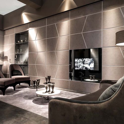 Moderne Wohnwand - ZENIT - Corte Zari - Holzfurnier / Glas / Leder