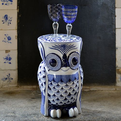 Hocker / originelles Design - OWL FLOWER  - Pols Potten - Porzellan / blau