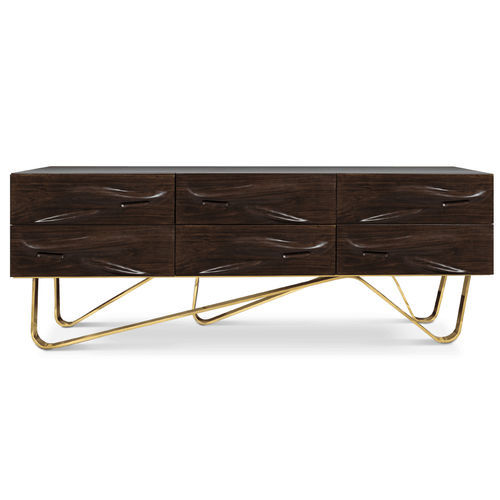 Modernes Sideboard - GOLDBERG - Malabar - Nussbaum / poliertes Messing / mit Schubladen