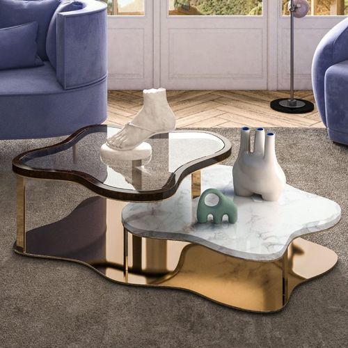 Moderner Couchtisch - MARINA - Malabar - Glas / Nussbaum / Gestell aus poliertem Messing