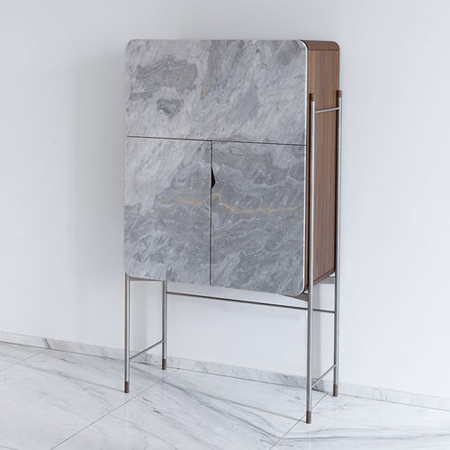 Moderner Barschrank - RICH NUVOLATO - MAAMI HOME - Nussbaum / Holzfurnier / gebürsteter Edelstahl