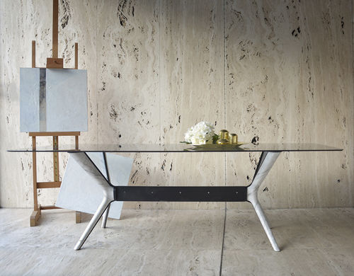 Moderner Esstisch - ROOTS MARBLE CALACATTA - MAAMI HOME - Hartglas / Gestell aus lackiertem Stahl / Gestell aus Marmor