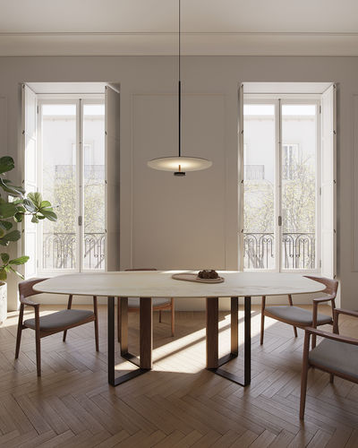 Moderner Esstisch - NIBBLES ESTREMOZ - MAAMI HOME - pulverbeschichteter Stahl / Marmor / Gestell aus Nussbaum