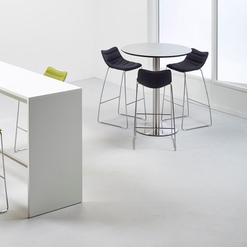 Moderner Stehtisch - cube Design - gebürsteter Edelstahl / rund / für professionellen Einsatz