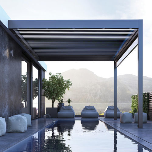 Selbsttragende Pergola - Grande - Pirnar - angebaut / Aluminium / Glas