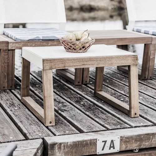 Moderner Hocker - Barka BA113 - egoé - Batyline® / Gestell aus Teakholz / mit Kufengestell