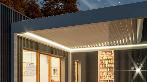 Selbsttragende Pergola - BIOSHADE RETRACT - GreenDesign - angebaut / Aluminium / aus lackiertem Aluminium