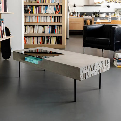 Moderner Couchtisch - CURB - Lyon Béton - Hartglas / Faserbeton / Gestell aus bemaltem Stahl