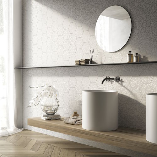 Sechseckige Fliese / Keramik - EXA16 W300 BIANCO FLORA SILVER - AcquarioDue - Hochglanz / Relief / für den Innenraum