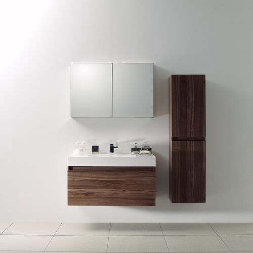 Wandhängender Waschtisch-Unterschrank - BAGNO - Lusso Stone - Nussbaum / Chrom / Mineralguss