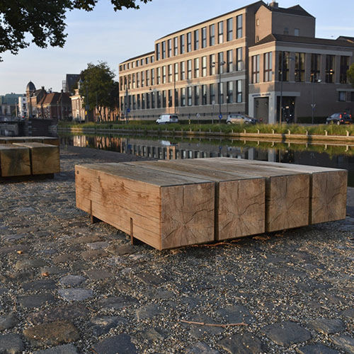Moderne Bank für den öffentlichen Raum - PURE - CROSO FRANCE - Eiche / Stahl / ohne Rückenlehne