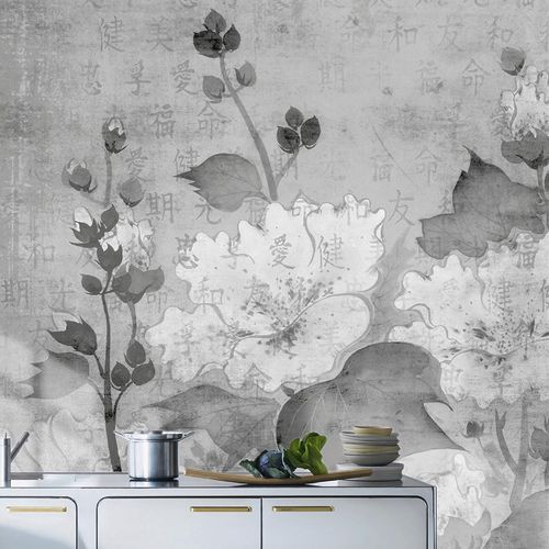 Moderne Tapete - VELVET GREY - Wallpepper - Zellulosefaser / Naturfaser / Blumenmotiv