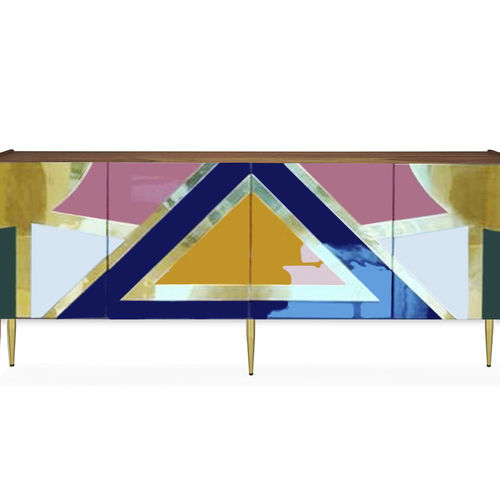 Modernes Sideboard - YUCATÁN - Moanne - hochglanzlackiertes Holz / poliertes Messing / mit Regal