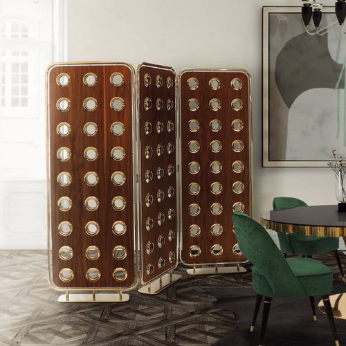 Moderner Paravent - MONOCLES - Essential Home - Messing / Massivholz / Nussbaum