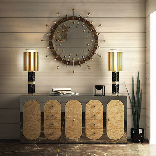 Klassischer Konsolentisch - CLAIRE - Essential Home - polierter Edelstahl / Holzfurnier / Ahornholz