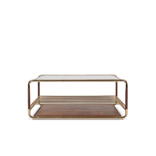 Couchtisch / originelles Design - LAUTNER  - Essential Home - poliertes Messing / lackiertes Holz / Rauchglas