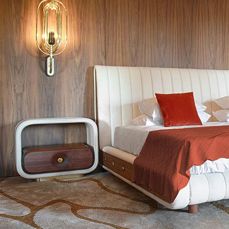 Moderner Nachttisch - MINELLI - Essential Home - Nussbaum / Stoff / Gestell aus poliertem Messing