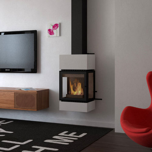 Holzkamin - CUBE - CL Design - wandmontiert / mit 3 Sichtseiten / geschlossene Feuerstelle