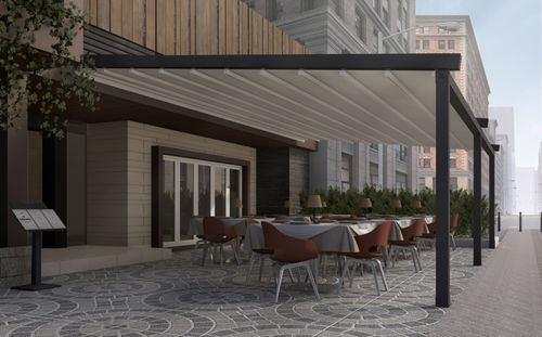 Selbsttragende Pergola - ATIKA - LLAZA WORLD, S.A. - angebaut / Aluminium / PVC Faltdach