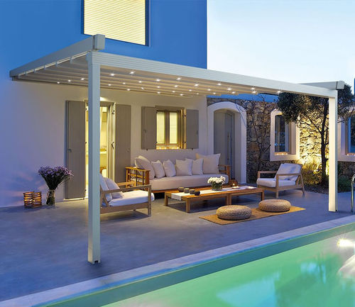 Angebaute Pergola - Viva - Van Hoof - thermolackiertes Aluminium / PVC Faltdach / modulierbar