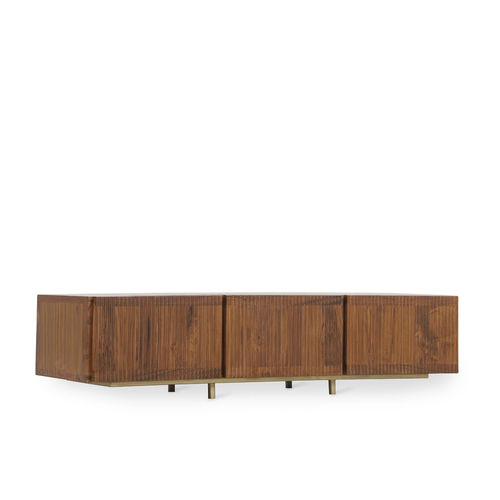 Moderne Wohnwand - NISHADI - ALANKARAM - Messing / Teakholz / mit integriertem Stauraum