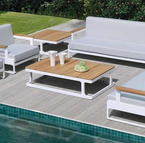 Moderner Couchtisch - CUBE - Pircher - Teakholz / Gestell aus gestrichenem Aluminium / rechteckig