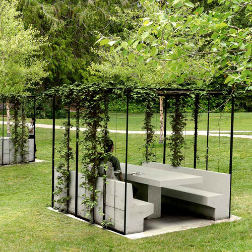 Moderner Picknicktisch - AIRE - PREFAC MYWAY - Beton / rechteckig / mit montierten Stühlen