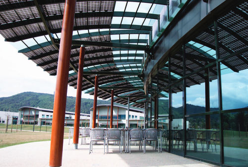 Vordach mit Solarmodul - 2ES - für Geschäftsgebäude / Metall / Glas