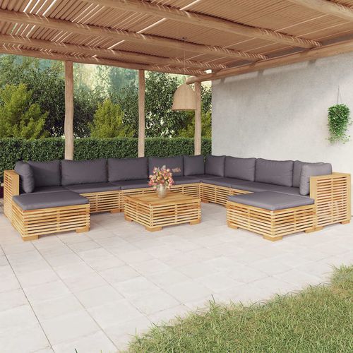 Modernes Lounge-Gartenmöbel - vidaXL 11-tlg : 3100884 - desayo - Massivholz / Teakholz / Stoff