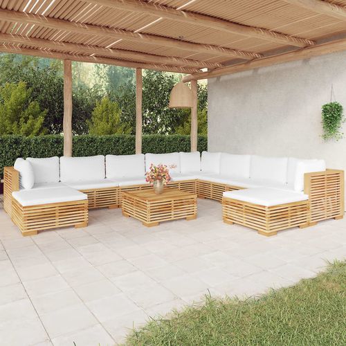 Modernes Lounge-Gartenmöbel - vidaXL 11-tlg : 3100883 - desayo - Massivholz / Teakholz / Stoff