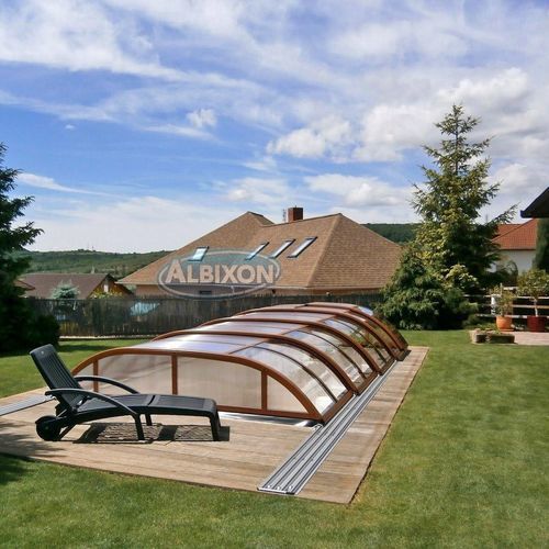 Hohe Schwimmbadüberdachung - Dallas Clear - ALBIXON a.s. - halbhoch / teleskopisch / Polycarbonat