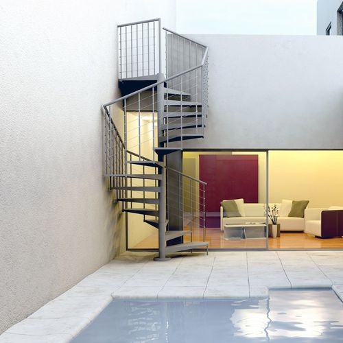 Treppe / abgewinkelte Spindeltreppe - F20-Q - d'OPERA STAIRS - Metallstufen / mit Metallstruktur / für Außenbereich