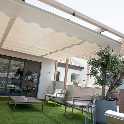 Angebaute Pergola - WALL MOUNTED PERGOLA - Persax - Aluminium / mit Stoffüberdachung