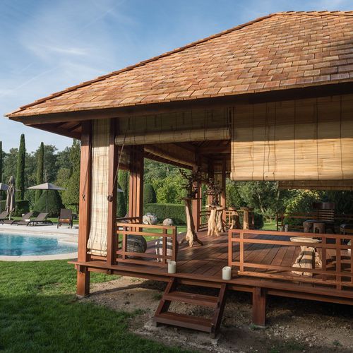 Holzpavillon - 40M2 - Teck Time - Ziegeldach / Holzdach / mit Holzstruktur