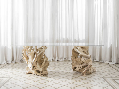 Esstisch / organisches Design - NORAH - ARRELART - Glas / Gestell aus Teakholz / rechteckig
