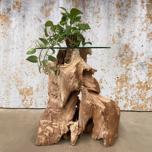 Beistelltisch / originelles Design - VALENTINA - ARRELART - Glas / Gestell aus Teakholz / rund