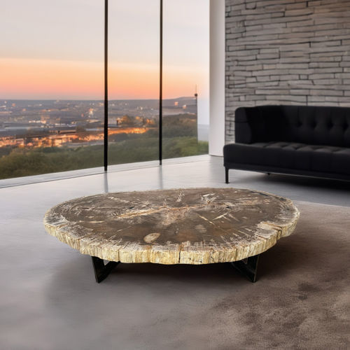 Moderner Couchtisch - MOOREA - ARRELART - versteinertes Holz / Gestell aus Metall / oval