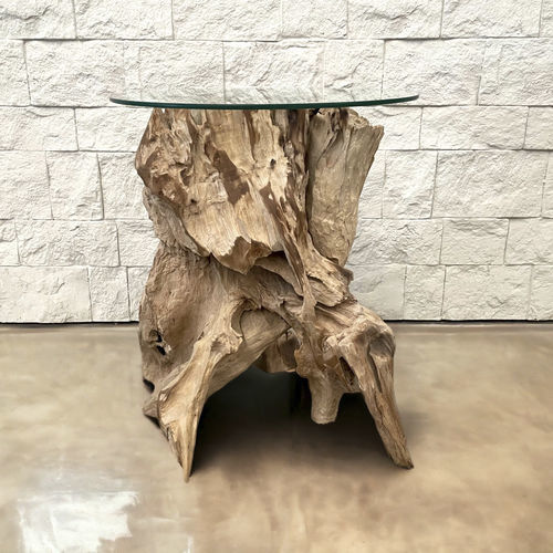 Moderner Beistelltisch - SIDETABLE1 - ARRELART - Glas / Gestell aus Teakholz / rund